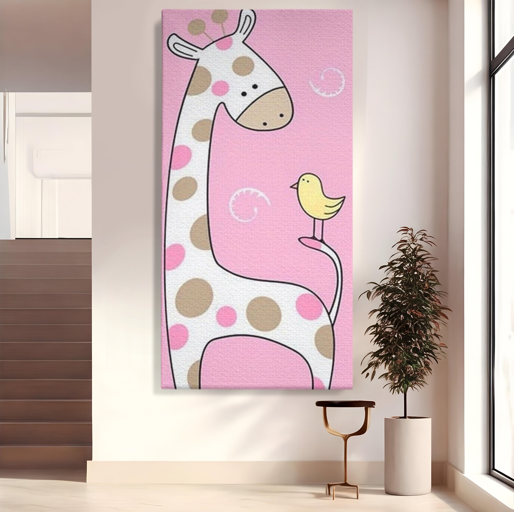 Tablou canvas cu ilustratie cu o girafa si o pasare, fara rama, pe sasiu de lemn